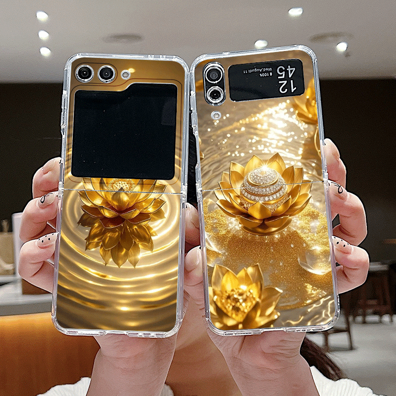 Phone Cases Z Flip 7 - Casing Ponsel Pola Bunga Teratai Emas